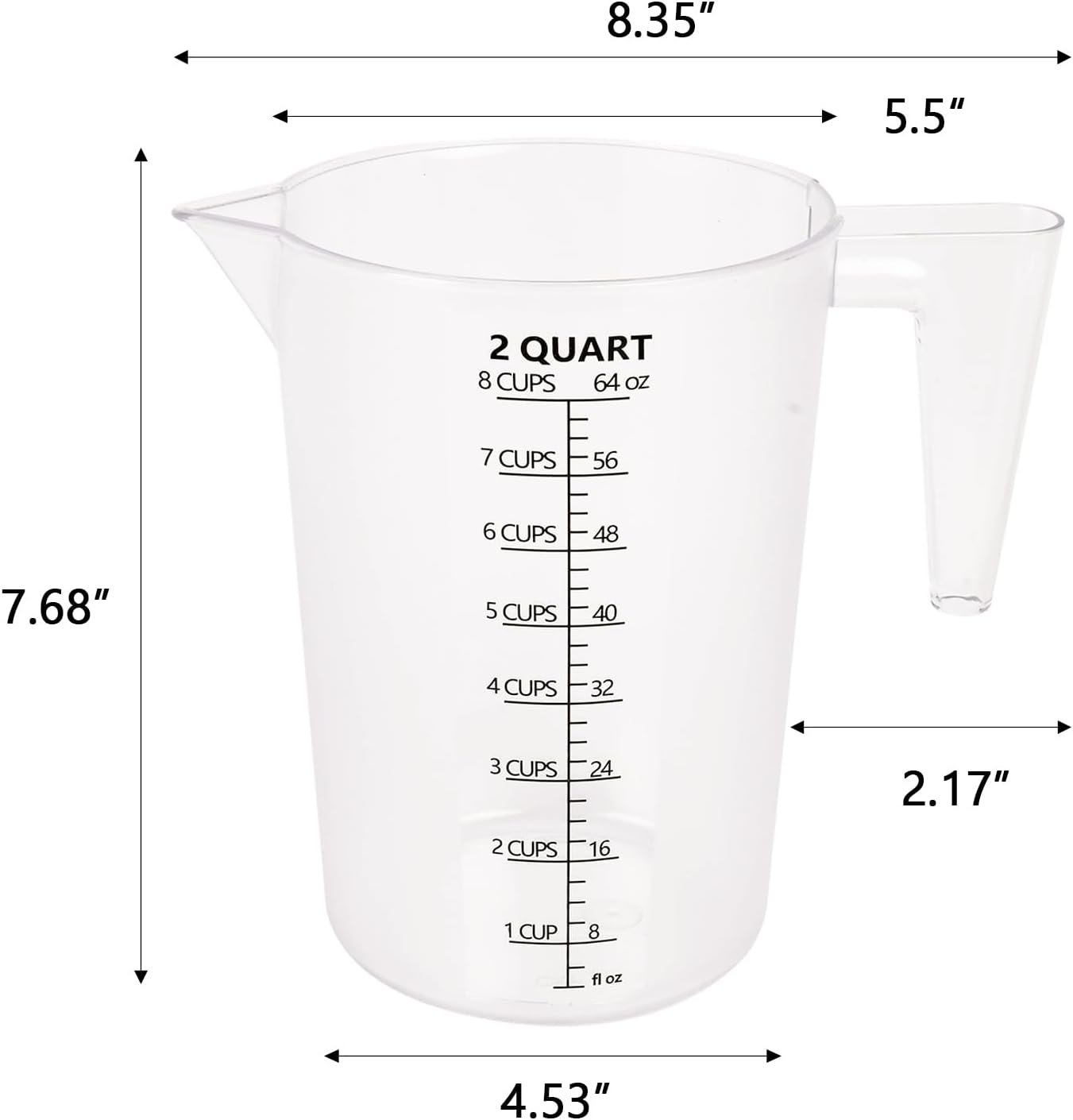 Food-Grade Plastic Measuring Pitcher – 64 Ounce & 8 Cups Measuring Cups with Handle for Liquid