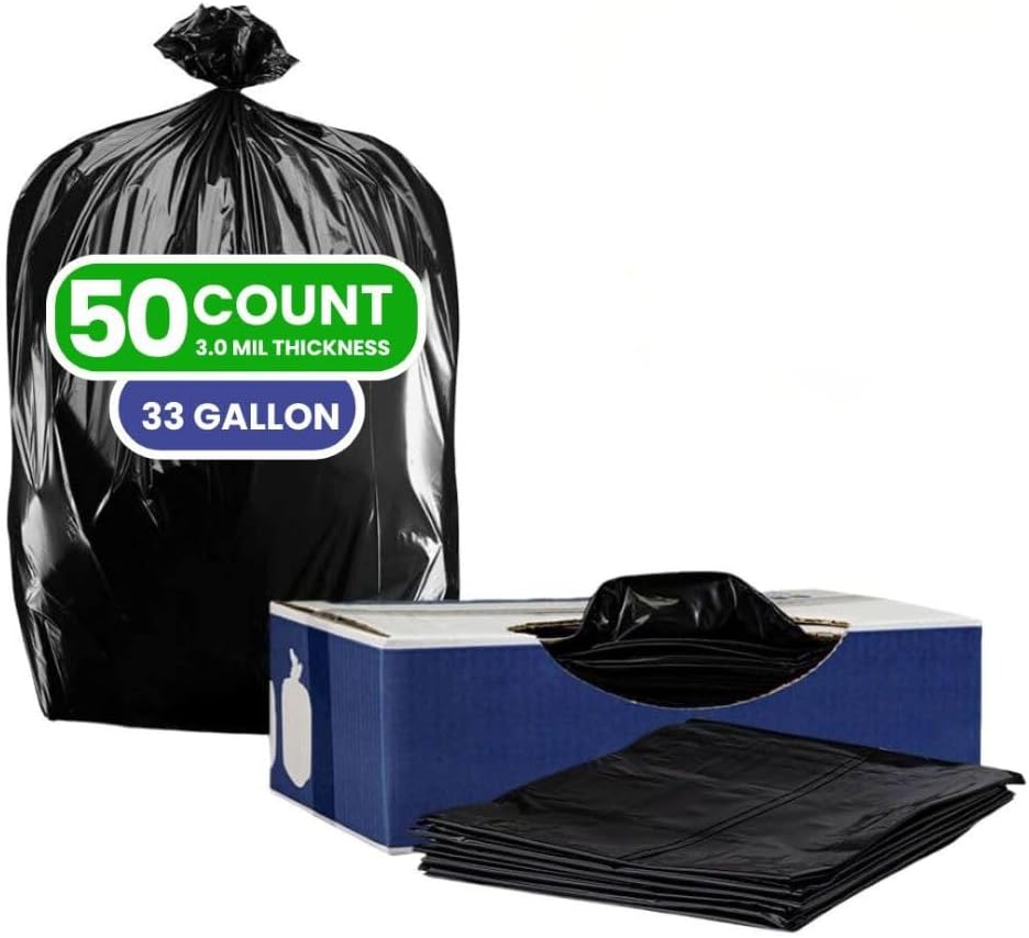 Plasticplace Contractor Trash Bags 33 Gallon - 3.0 Mil, Heavy Duty Garbage Bag 33” x 39”, Black, 50