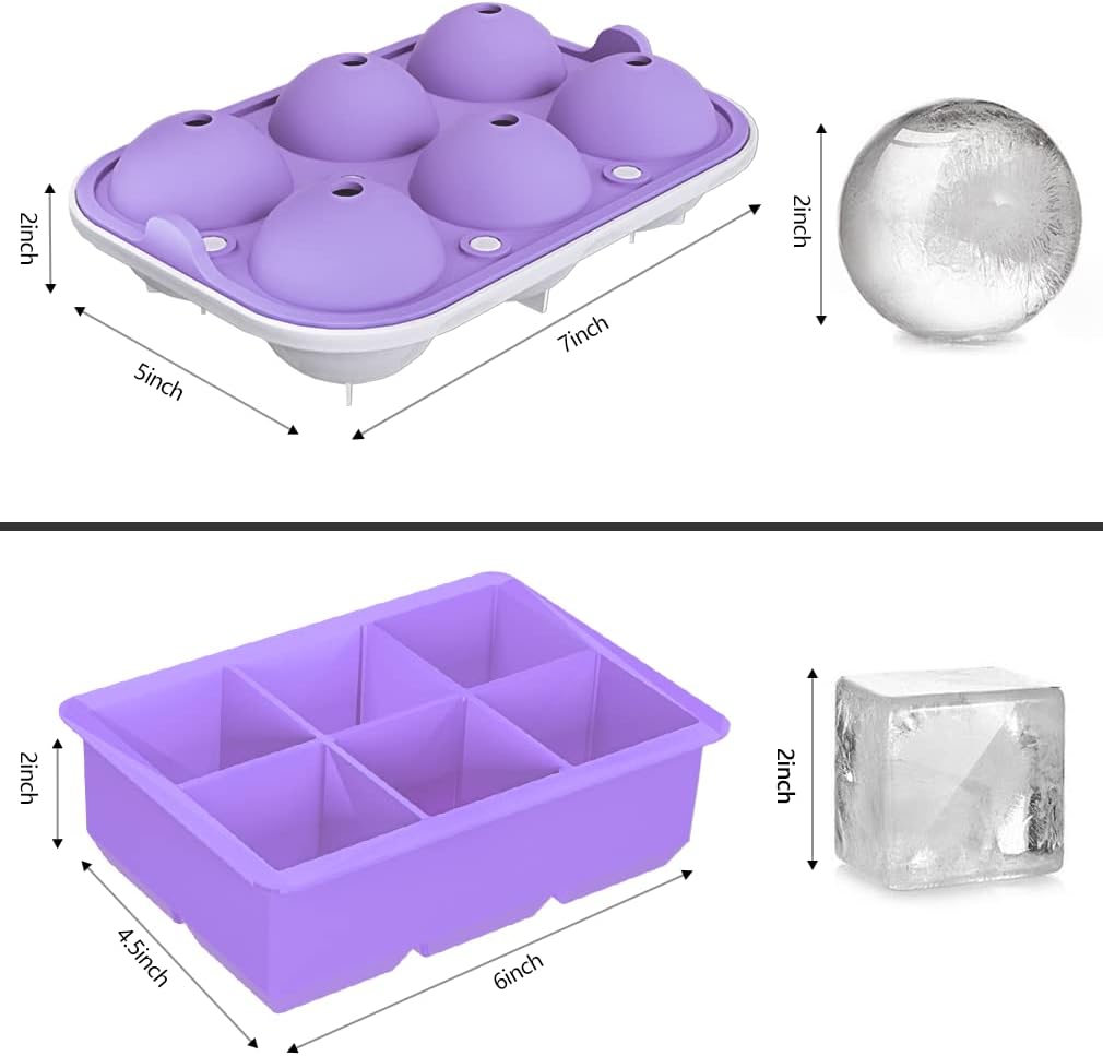 ROTTAY Ice Cube Trays (Set of 2), Sphere Ice Ball Maker with Lid & Large Square Ice Cube Maker for