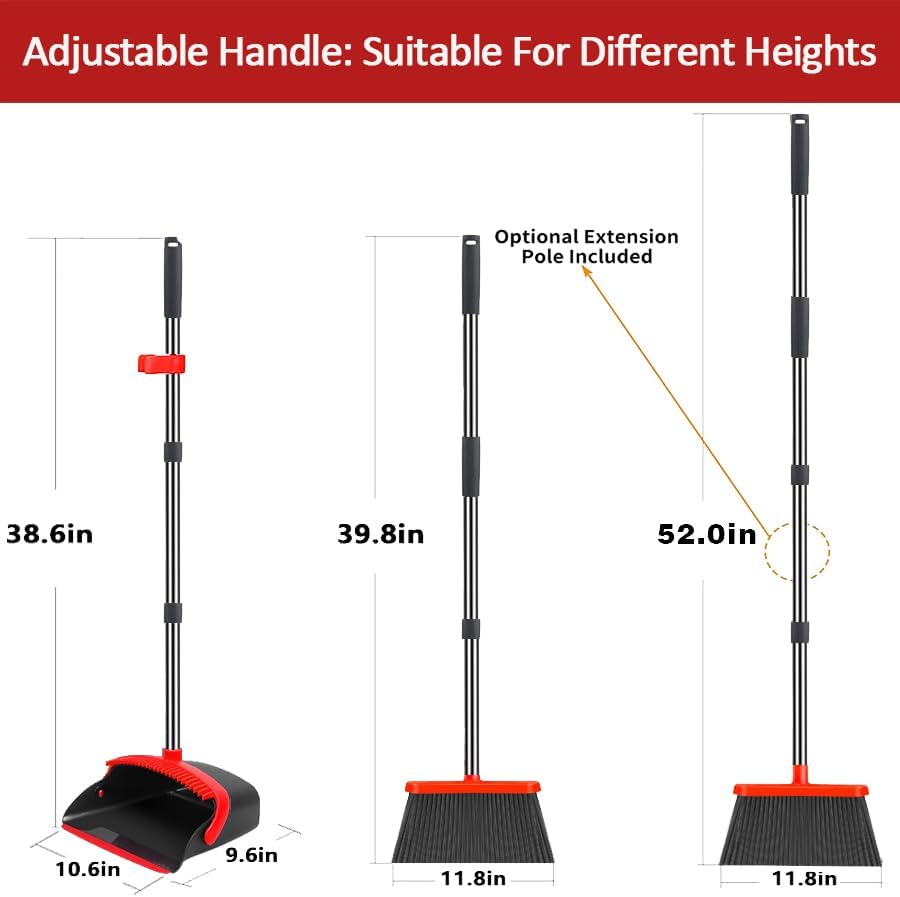2-Pack is More economical，Broom and Dustpan， with 52" Long Handle, Dustpan Teeth with self-Cleaning