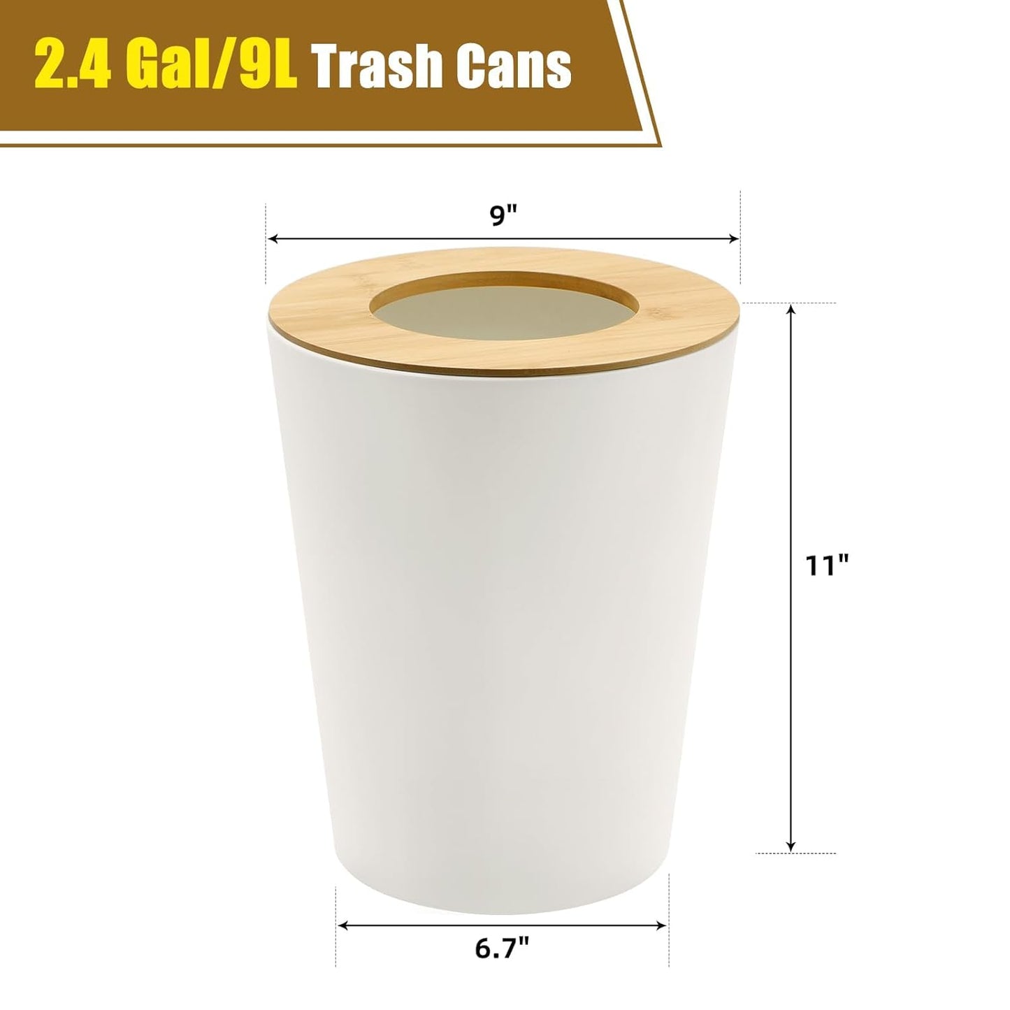White Trash Can for Bedroom with Bamboo Lid, 2.4 Gallon Open Top Trash Can 3 Pack, Modern Aesthetic