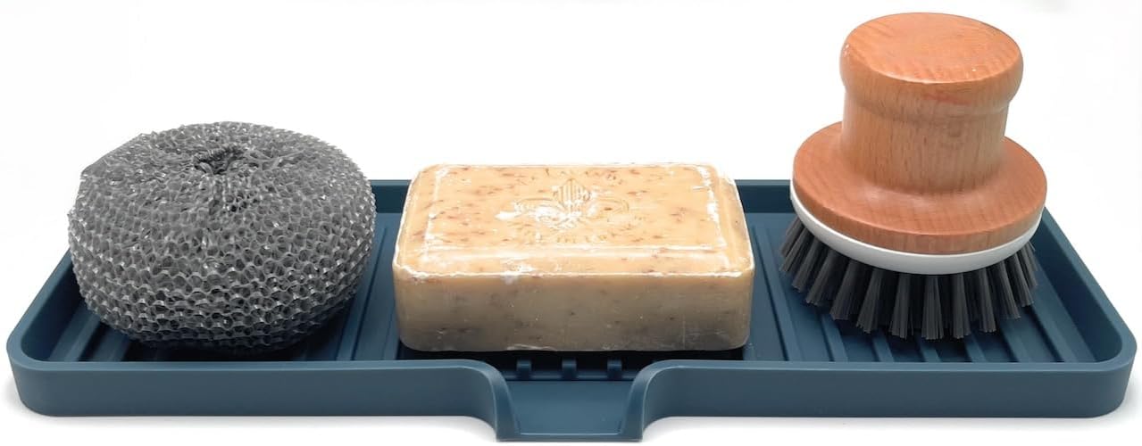 Happitasa Silicone Soap Dish Tray and Sponge Holder with Drain Chute | Bathroom and Kitchen Sink