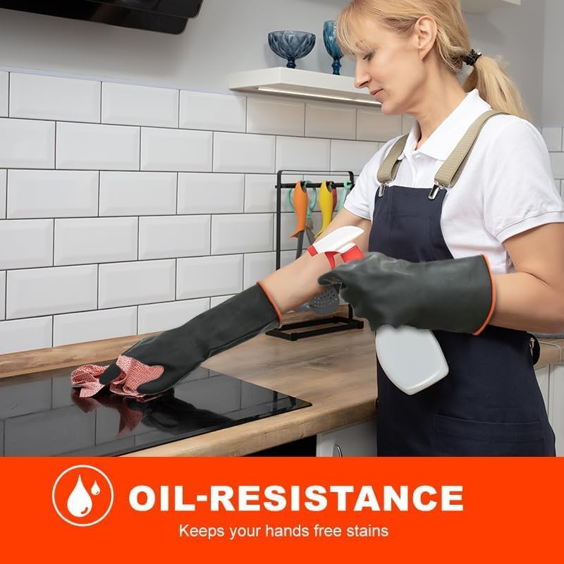 Heavy Latex Chemical Resistant Gloves - Reusable Long Rubber Dishwashing Gloves with Forearm