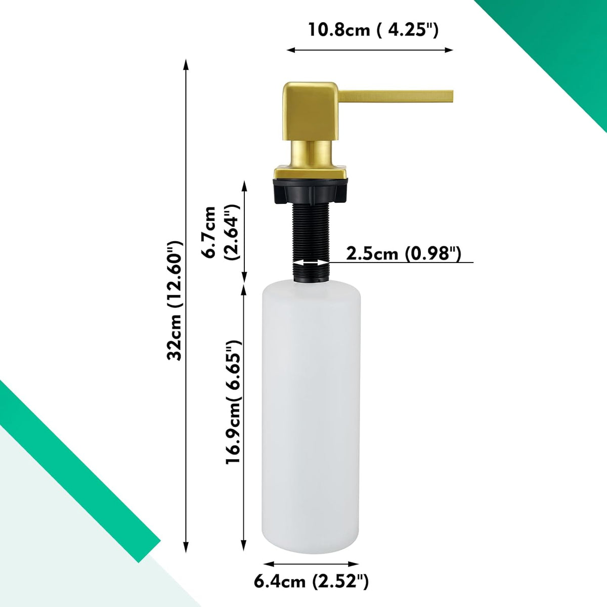 CREA Brushed Gold Soap Dispenser for Kitchen Sink, Kitchen Soap Dispenser Gold Square Built in Sink