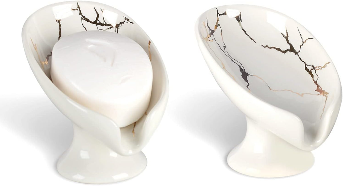 Soap Dish Set, Self Draining Bar Soap Holder for Bathroom Sink, Leaf Shaped Drainage Ceramic White