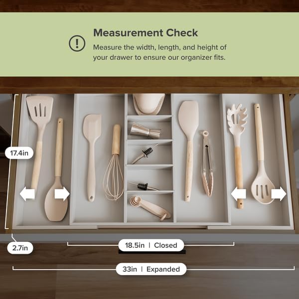 KitchenEdge Adjustable Kitchen Drawer Organizer for Utensils and Junk, Food-Safe Contract Grade