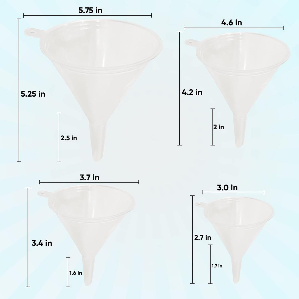 Funnel Set (4 Sizes: 122, 101, 76, 50mm) - Durable, Non-Toxic, Food-Grade Plastic funnels for
