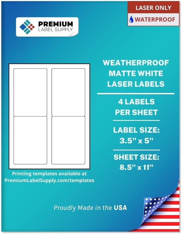 Premium Label Supply Waterproof Matte White Sticker Labels – 3.5" x 5" – Laser Printers Only – (4