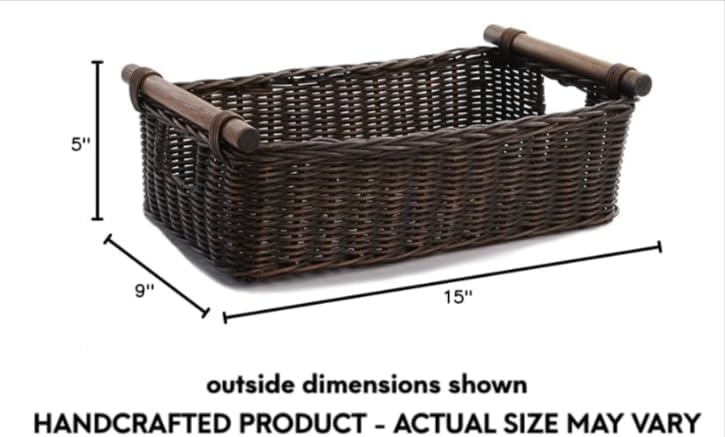 The Basket Lady Low Pole Handle Wicker Storage Basket, Small, 15 in L x 9 in W x 5 in H, Antique