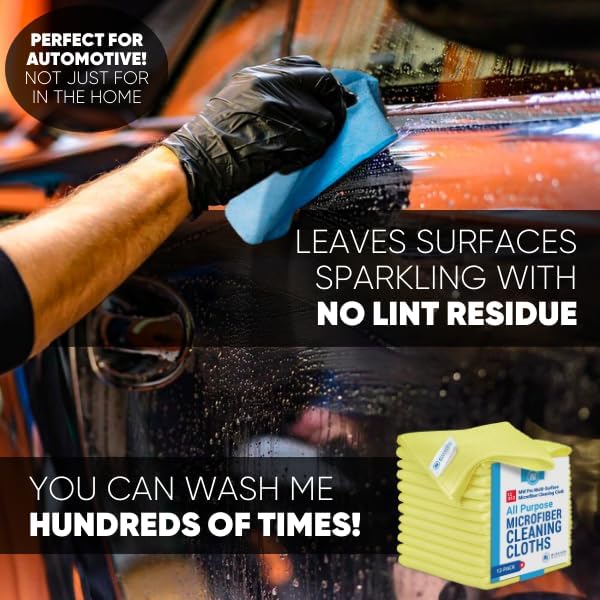 12" x 12" MW Pro Multi-Surface Microfiber Cleaning Cloths | Yellow - 12 Pack | Premium Microfiber