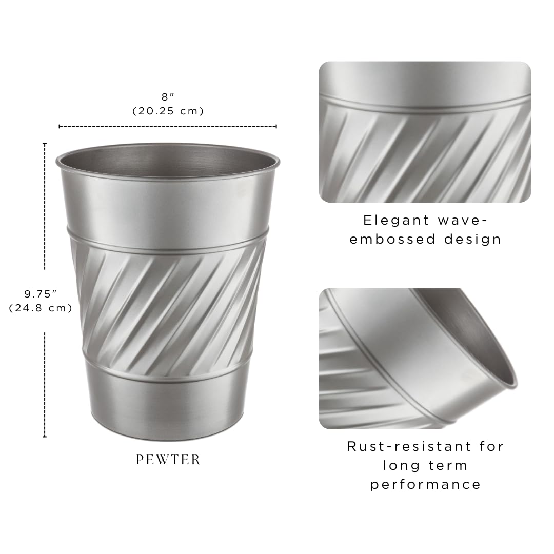 Monarch Abode Pewter Handcrafted Wave Embossed Metal Wastebasket for Home Office, Decorative Waste