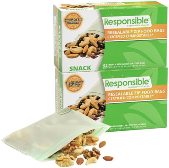 Responsible Products Certified Compostable SNACK Resealable Zip Bag, Extra Strength Food Bags