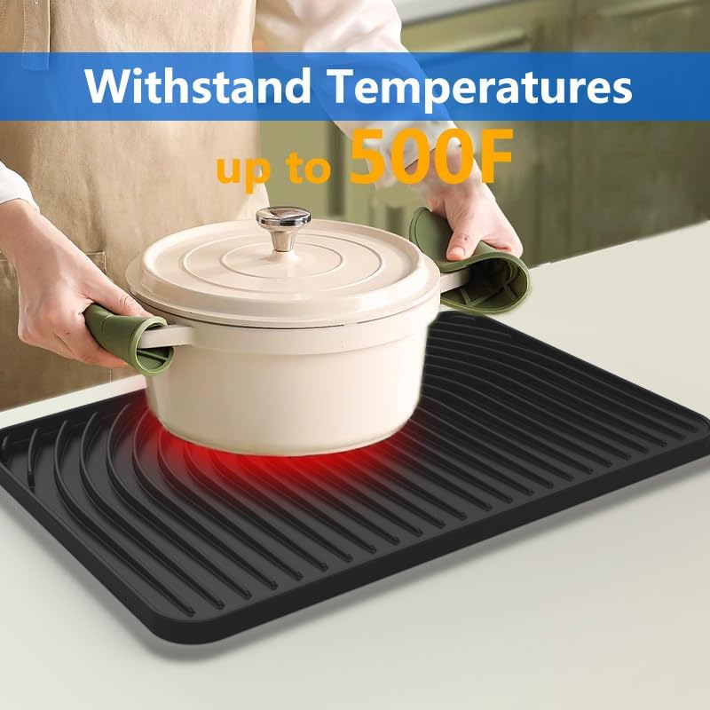 Dish Drying Matt for Kitchen Counter,18"×12"Silicone Dry Rack Mat with Built in Drain, Kitchen Dry