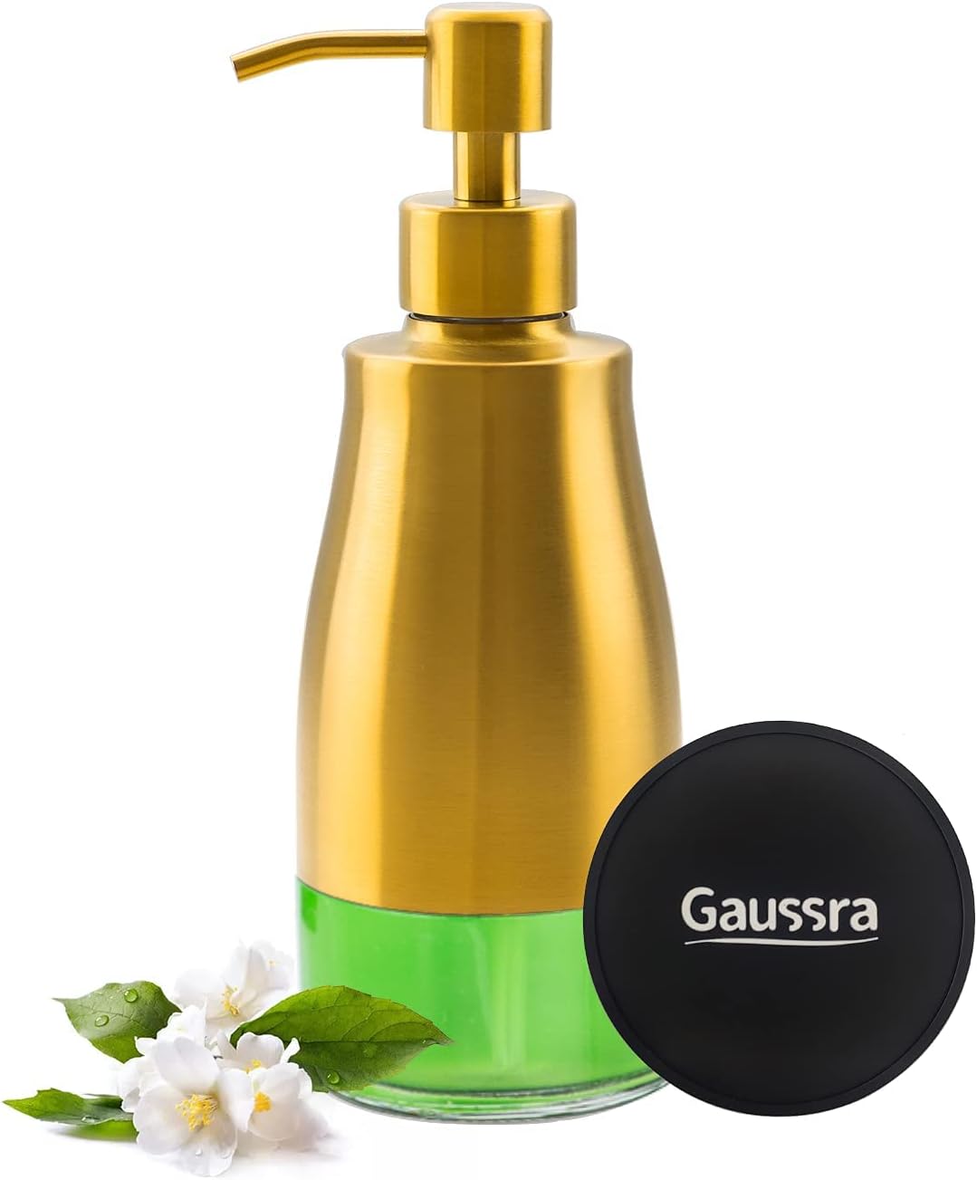 Gaussra Soap Dispenser with Coaster and Stickers, Brushed Gold Stainless Steel Glass Hand Pump