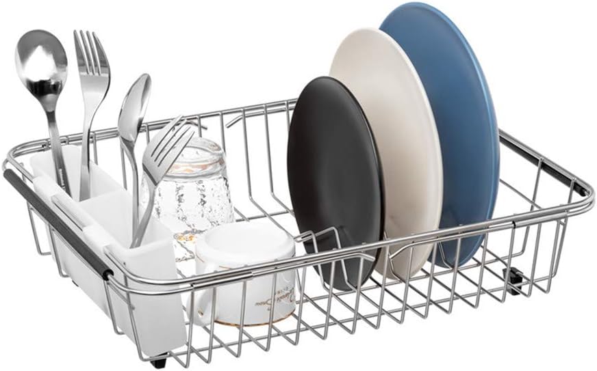 SANNO Dish Drying Rack, Expandable Dish Drainer Over Sink in Sink On Counter with Utensil