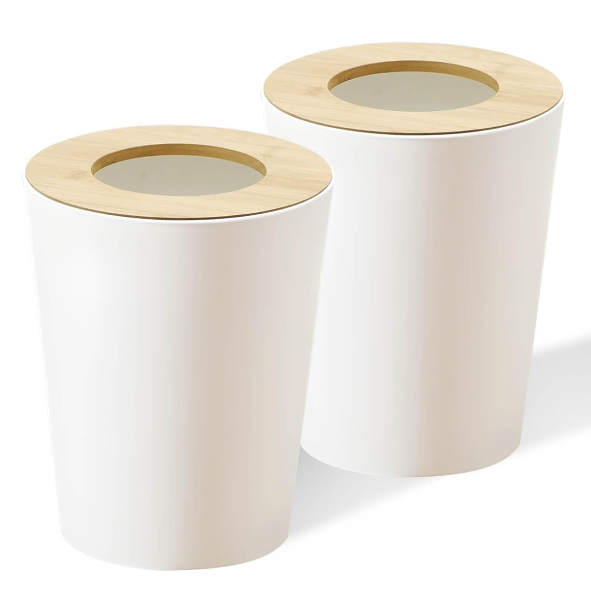 White Trash Can for Bedroom with Bamboo Lid, 2.4 Gallon Open Top Trash Can 2 Pack, Modern Aesthetic