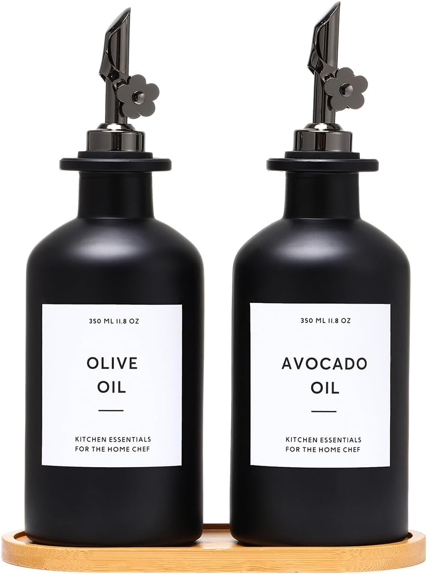 HOMCDALY Olive Oil Dispenser for Kitchen, 11.8oz Glass Kitchen Dispenser Bottle, Black Oil&Vinegar