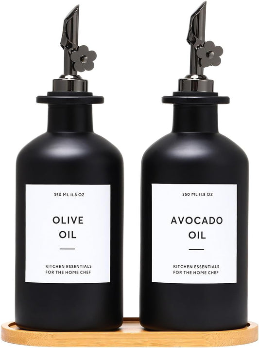 HOMCDALY Olive Oil Dispenser for Kitchen, 11.8oz Glass Kitchen Dispenser Bottle, Black Oil&Vinegar