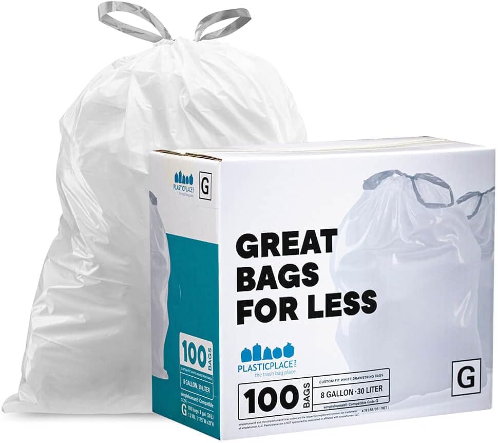 Plasticplace Custom Fit Trash Bags, Compatible with simplehuman Code G (100 Count) White Drawstring