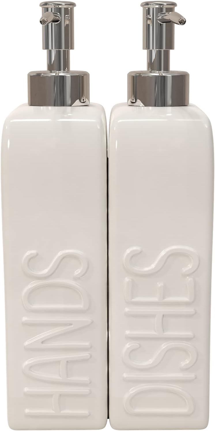 Soap Dispenser Set with Stainless Steel Pump, 2 Pack Ceramic Refillable Dish Soap and Hand Soap