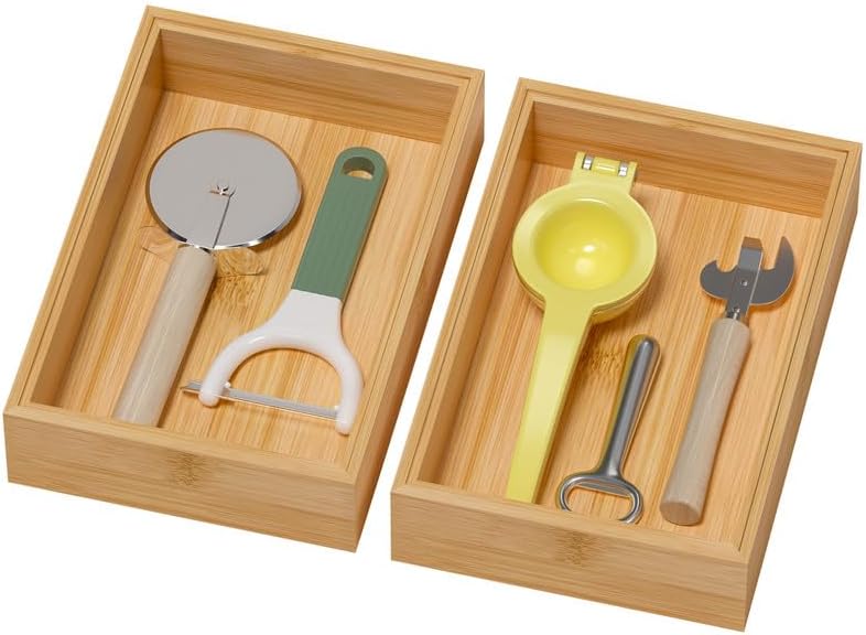 Bamboo Drawer Organizer, Cutlery Silverware Organizer for Kitchen Drawer, Stackable Utensil