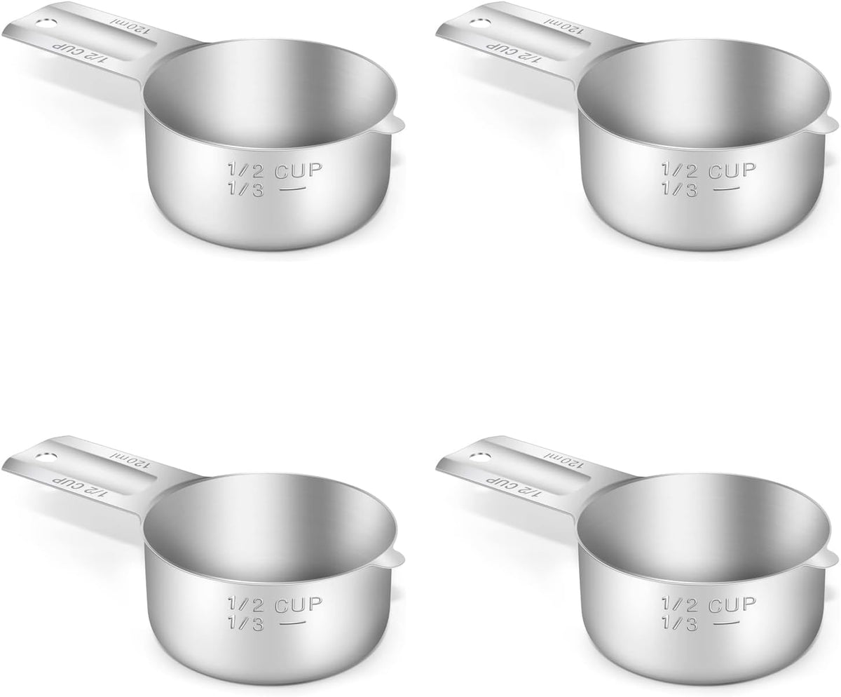 4PCS 1/2Cup (120ml, 4oz) Single Measuring Cup, Stainless Steel Measure Scoop, Metric and US