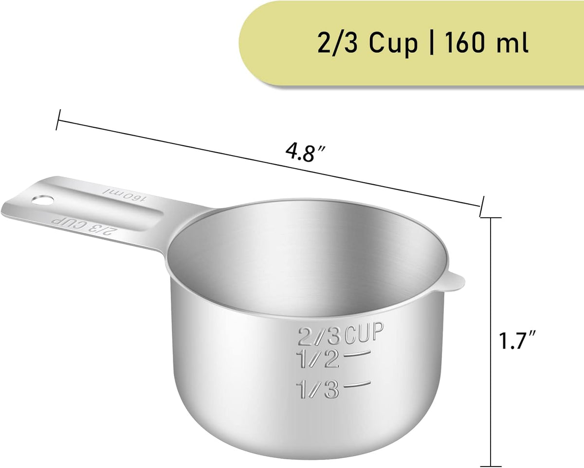 2PCS 2/3Cup (160ml, 5.3oz) Single Measuring Cup, Stainless Steel Measure Scoop, Metric and US