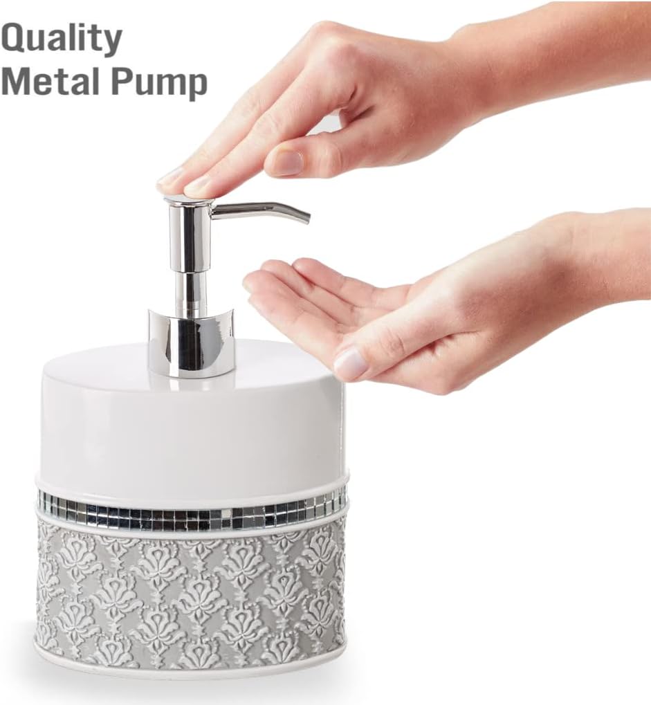 Creative Scents Mirror Damask Grey and White Soap Dispenser, Decorative Hand Soap Dispenser for