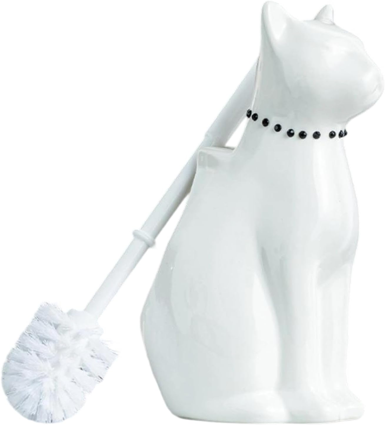 Comeon Ceramic Cat White/Black Toilet Brush and Holder Set, Plastic Handled Scrub Brush for