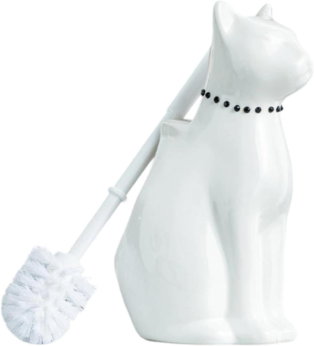 Comeon Ceramic Cat White/Black Toilet Brush and Holder Set, Plastic Handled Scrub Brush for