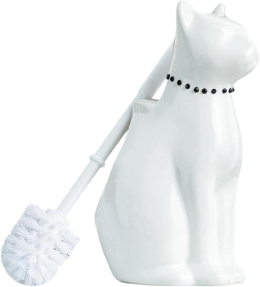 Comeon Ceramic Cat White/Black Toilet Brush and Holder Set, Plastic Handled Scrub Brush for