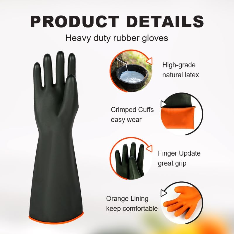 North Tower Heavy-Duty Latex Chemical Resistant Gloves - Reusable Long Rubber Dishwashing Gloves