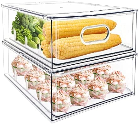 MineSign 2Pack Stackable Fridge Drawers Pull-Out Bins Divided Produce Saver Containers for