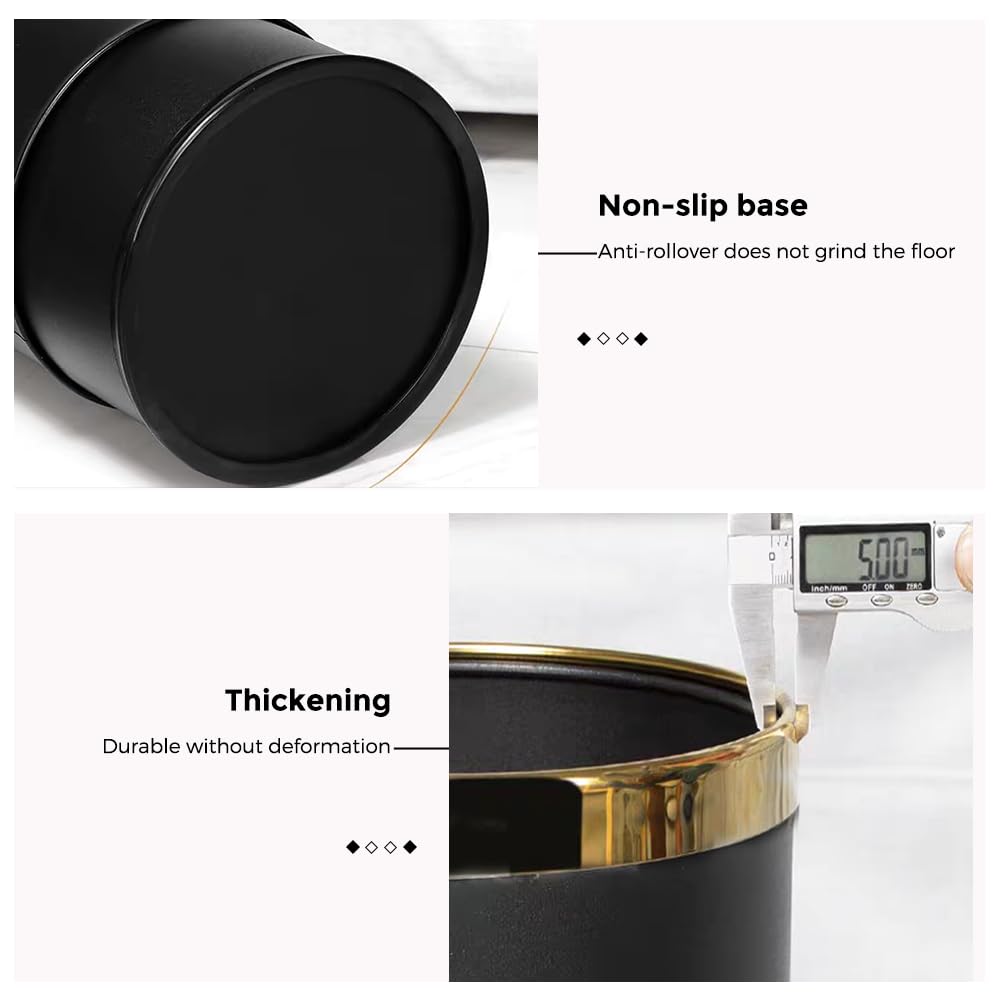 10L/2.6GAL Black and Gold Open Top Trash Can - Metal Trash Bin Without Lid for Office, Hotel