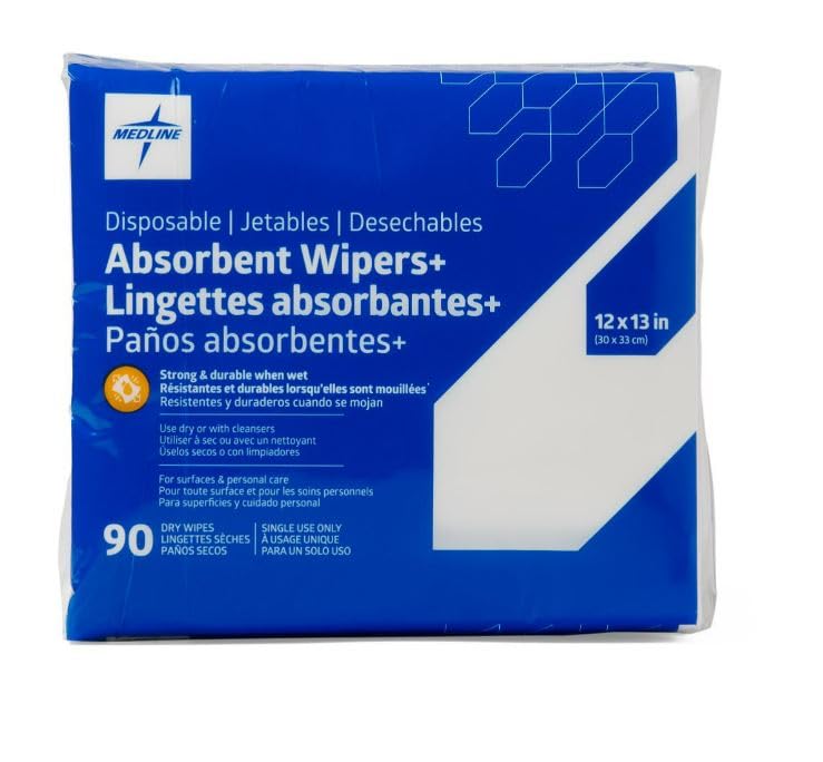 Medline Absorbent Wipers+ Disposable Heavy Duty Dry Wipes, 12" x 12" (90 Count), Use Wet or Dry