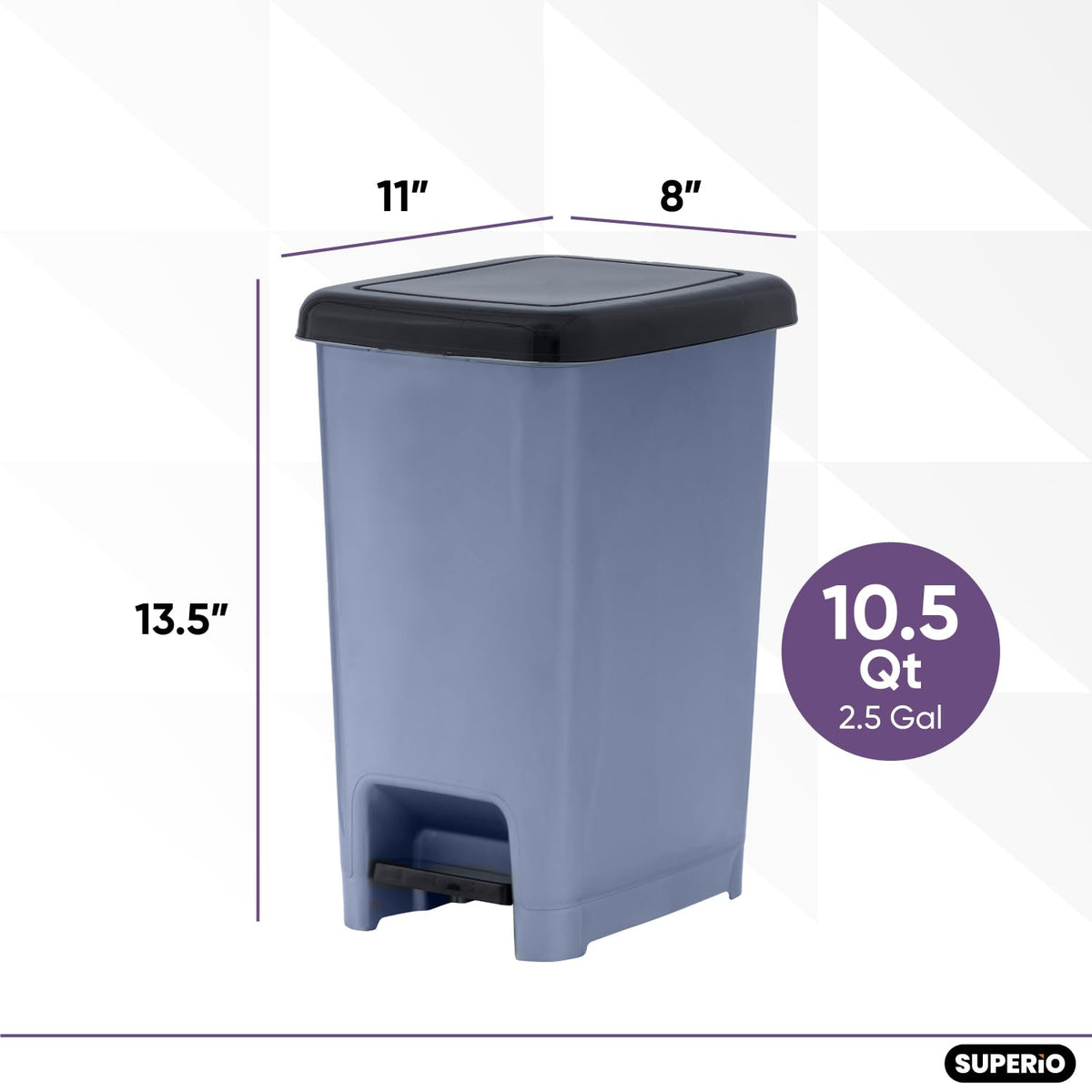 Superio Slim Trash Can with Foot Pedal – 2.5 Gallon Step-On Trash Can with Lid, Small Plastic Mini