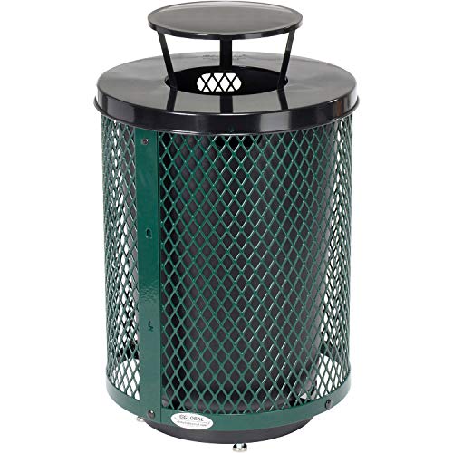 Global Industrial Outdoor Diamond Steel Trash Can with Rain Bonnet Lid, Raised Base and Plastic