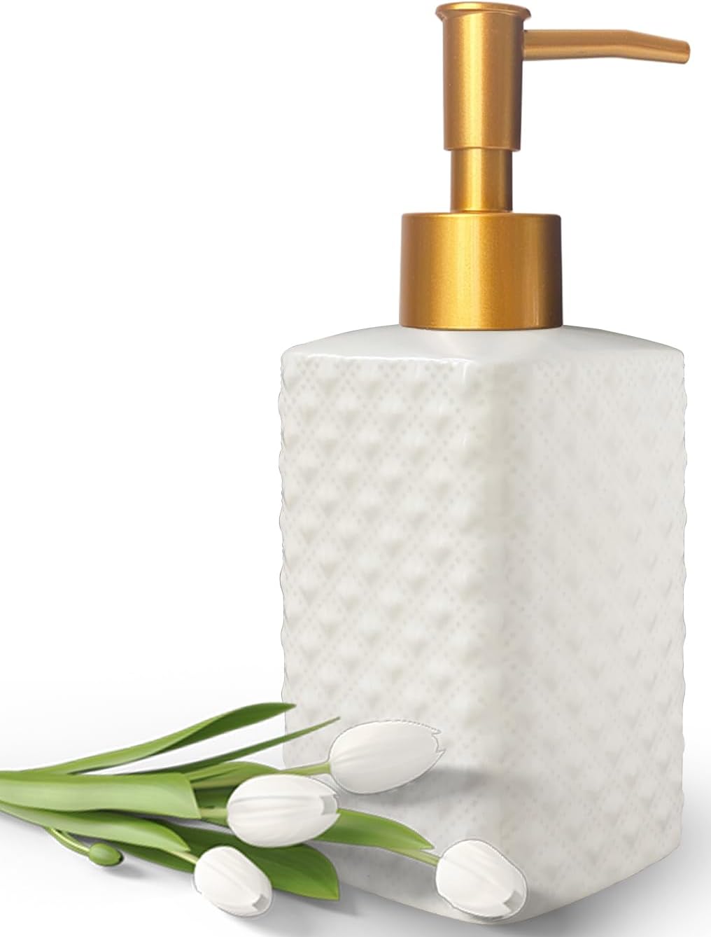 Chic Unique White Soap Dispenser for Bathroom with Golden Pump,Lotion Dispenser, Refillable