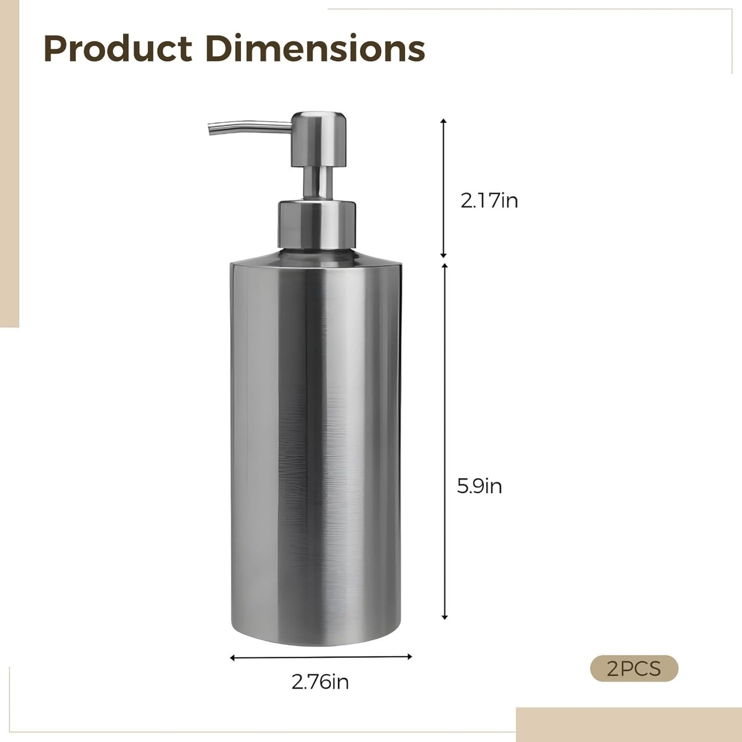 2 Pcs Large 304 Stainless Steel Soap Dispensers, 18.6 fl oz/550 ml Refillable Liquid Pump Bottles
