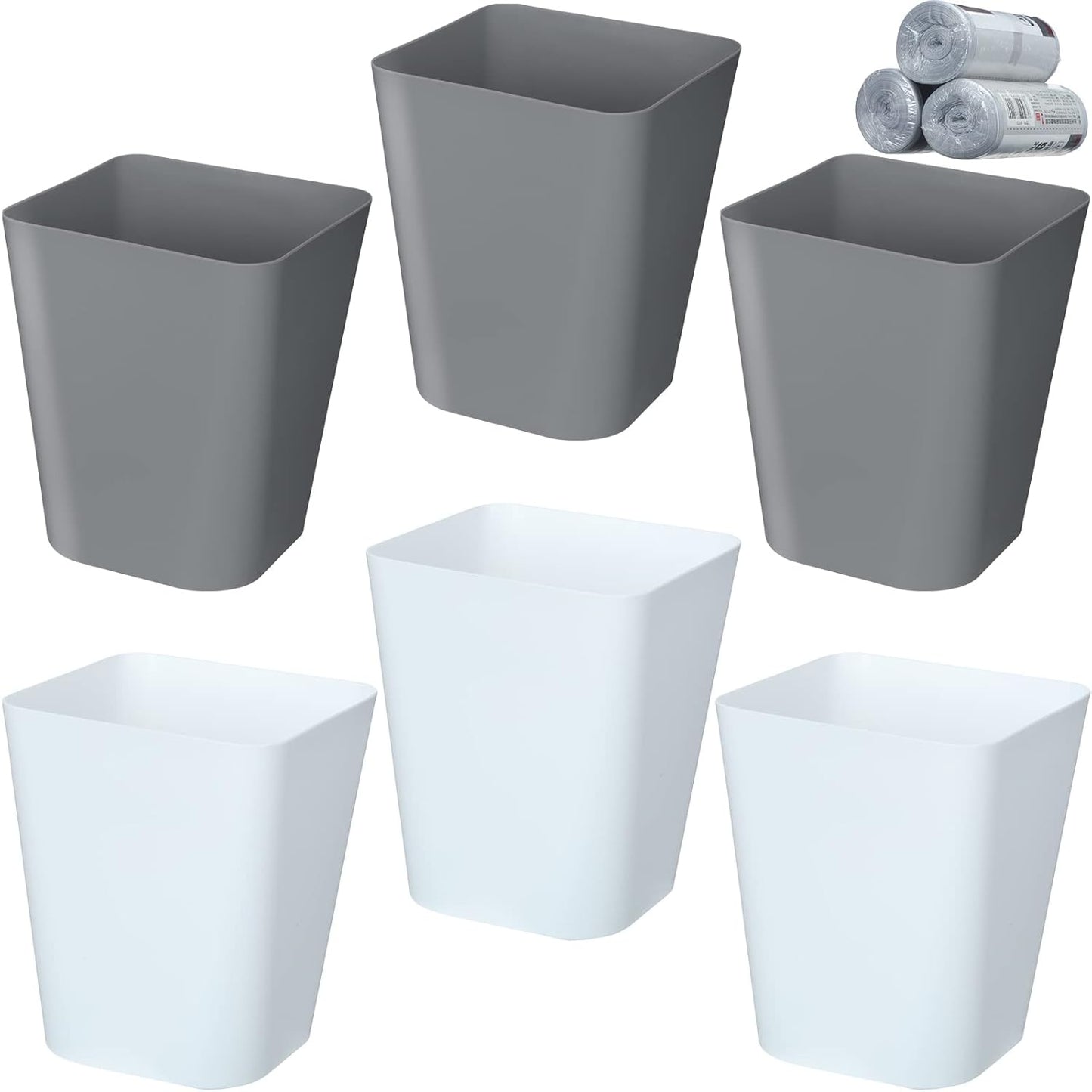 Eccliy 6 Pack Plastic Trash Can with 3 Rolls of Trash Bags Small Wastebasket Garbage Bin Container