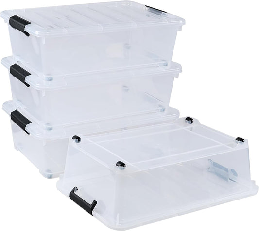 20 Quart Stackable Plastic Under Bed Bins with Lid, Set of 4 Clear Latch Storage Container with