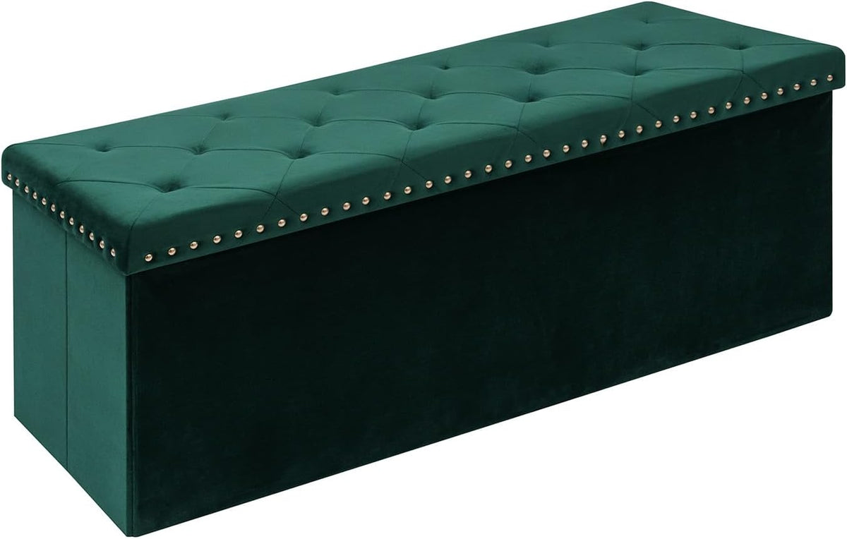 Velvet Storage Ottoman Bench, 43.3" Folding Ottoman with Rivet Trim, Heavy-Duty Upholstered