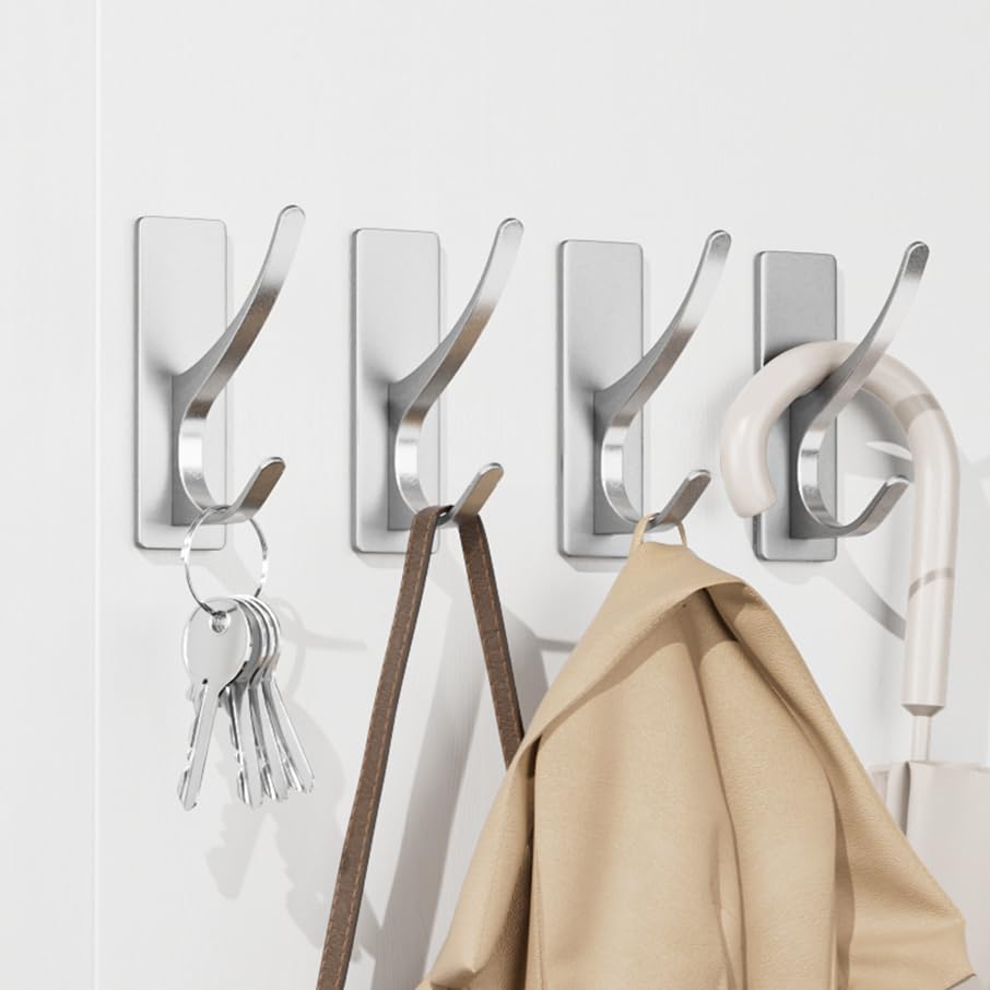 Self-Adhesive Coat Hooks for Hanging - Heavy Duty Stainless Double Wall Hook for Towel, Backpack