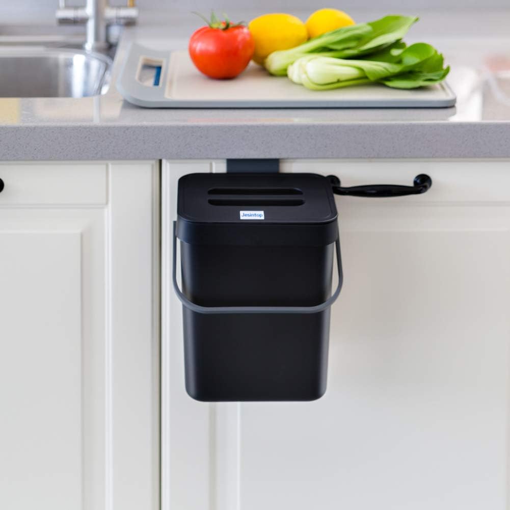 Compost Bin for Kitchen Countertop Under Sink,Bathroom Hanging Small Trash Can with Lid,Mountable