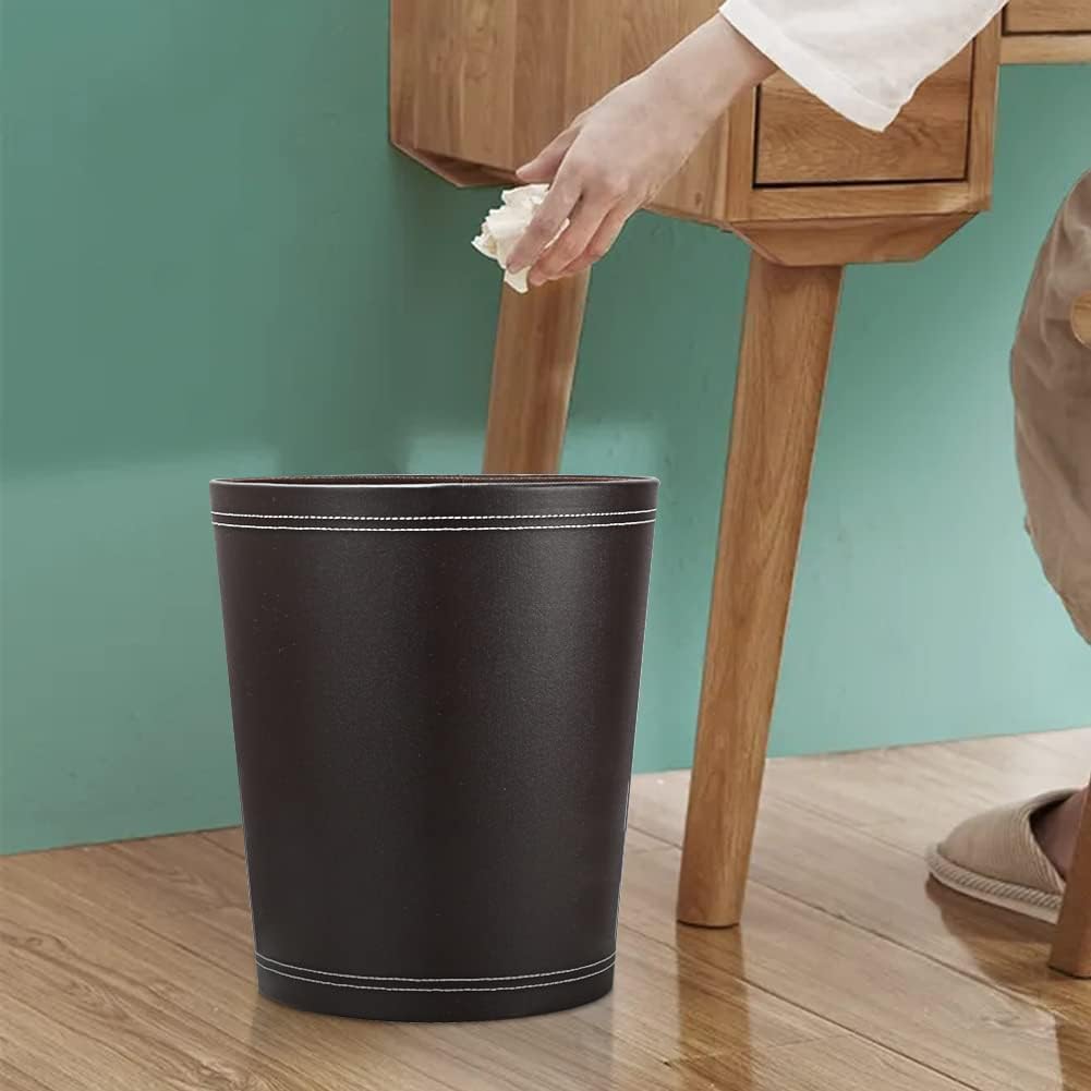 KINGFOM Classic Pu Leather Trash Can Wastebasket, Small Garbage Container Can for Bathrooms, Powder