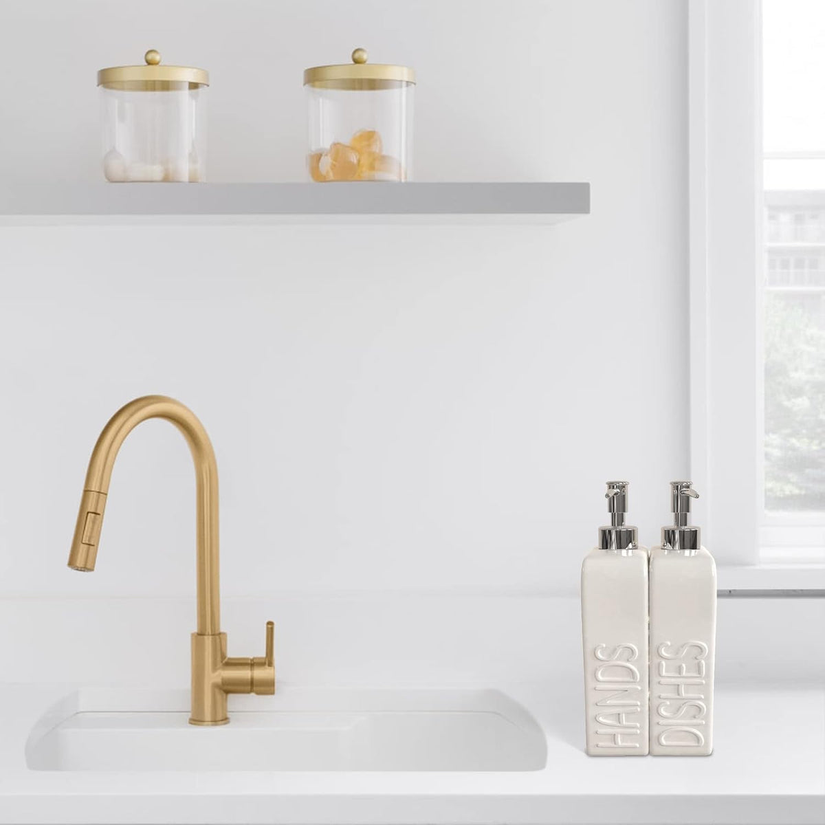 Soap Dispenser Set with Stainless Steel Pump, 2 Pack Ceramic Refillable Dish Soap and Hand Soap