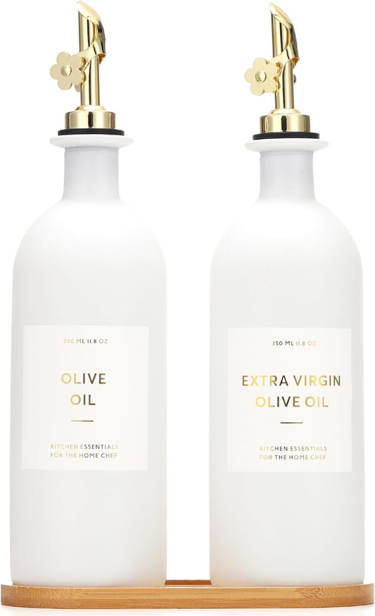 HOMCDALY Olive Oil Dispenser for Kitchen, 16oz Glass Oil Bottles with Bamboo Tray, Gold Oil&Vinegar