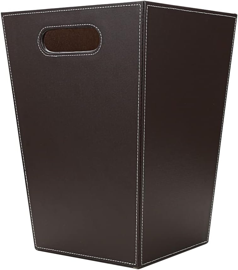 KINGFOM Classic Pu Leather Trash Can Wastebasket, Garbage Container Bin with Handles for Bathrooms