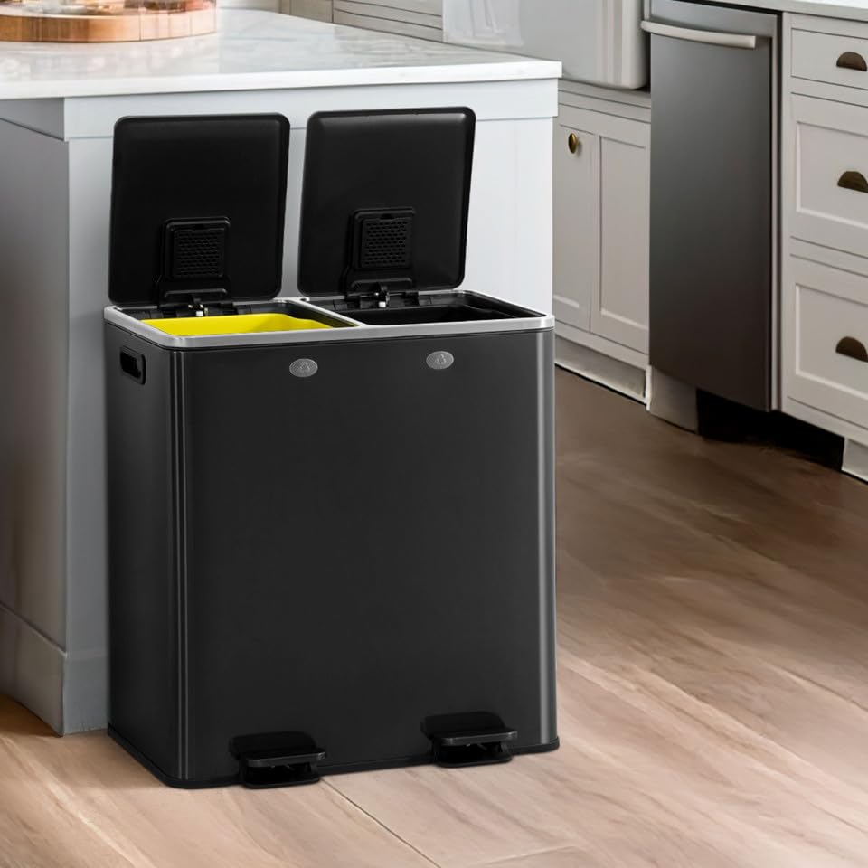 CAPHAUS Black Dual Trash Can w/Double Lid, Trash & Recycle Bins Combo, Hands-Free Stainless-Steel