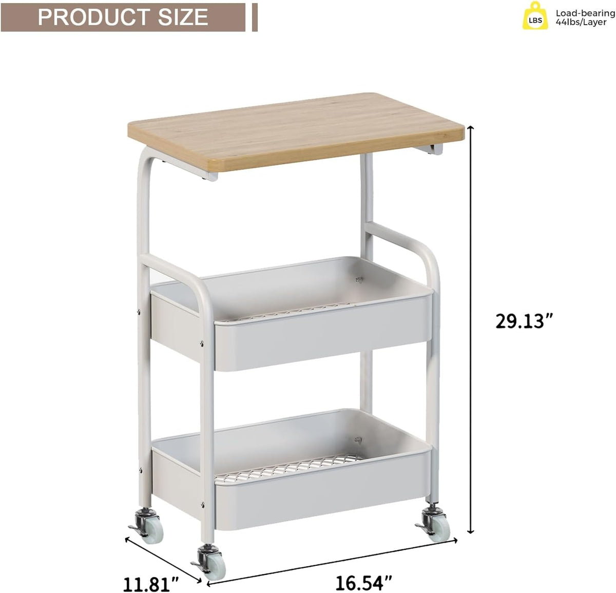 Rolling Cart with Wooden Tabletop 3-Tier Metal Utility Rolling Cart Storage Organizer with Lockable